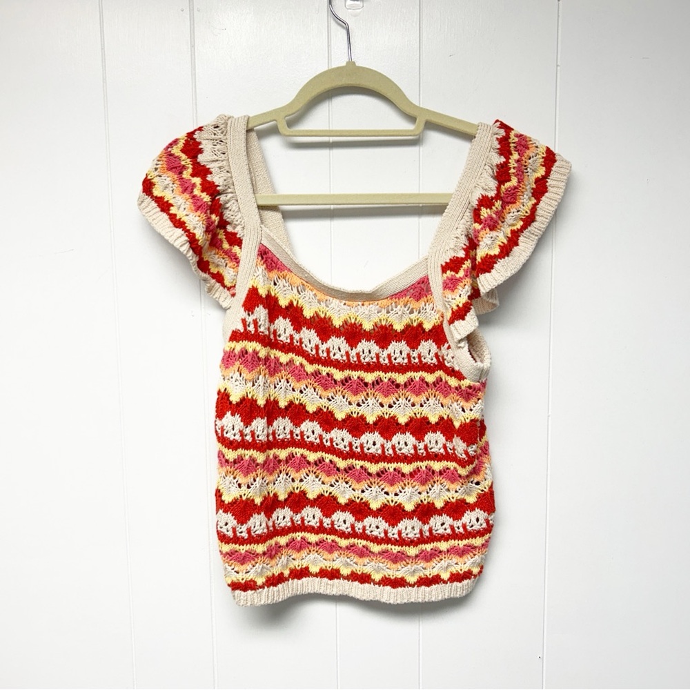 NWT Blu Pepper Vibrant Crochet Festival Striped Top Ruffle Sleeves L (Juniors)